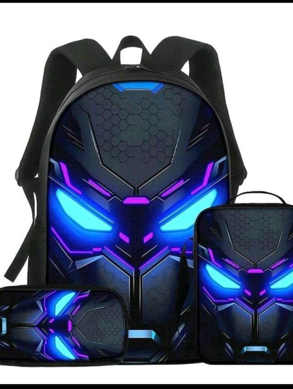 Men's Black Tech-Print Backpack Set with Blue & Purple Accents